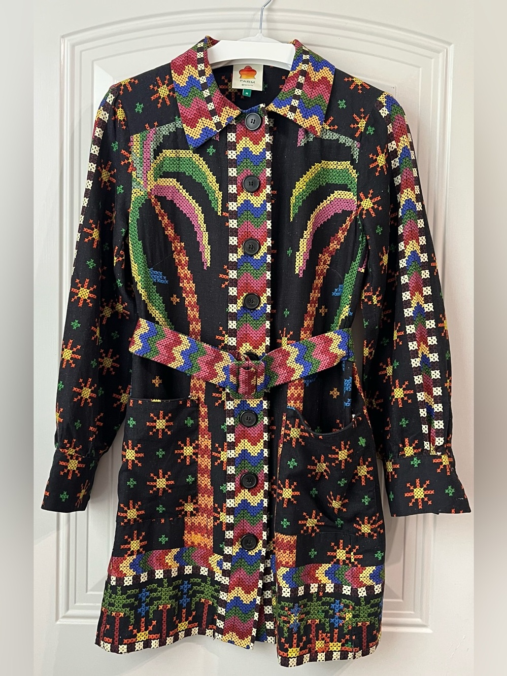 FARM Rio Macaw Night Linen Blend Belted Shirt Dress M - Picture 8 of 16